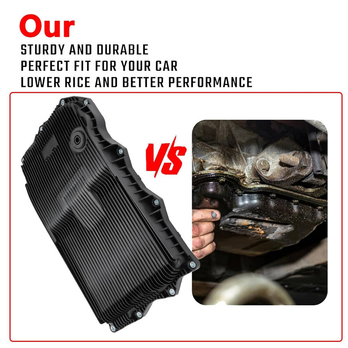 Black auto transmission oil pan with ribbed fins and mounting bolts