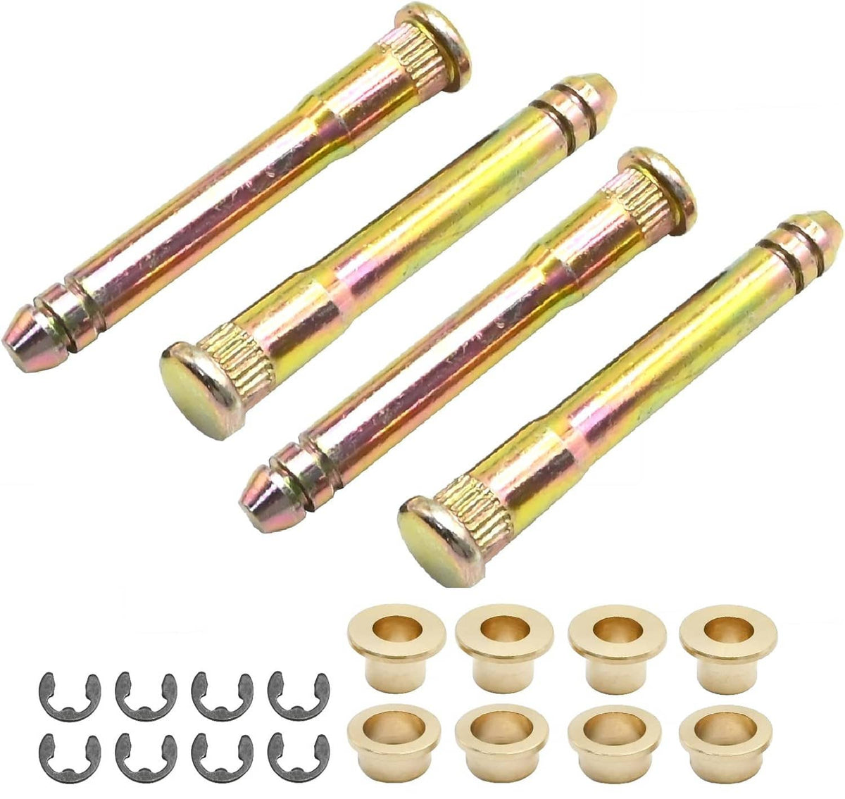 Door hinge pin bushing kit with gold-toned hinge pins, bushings, and E-ring clips