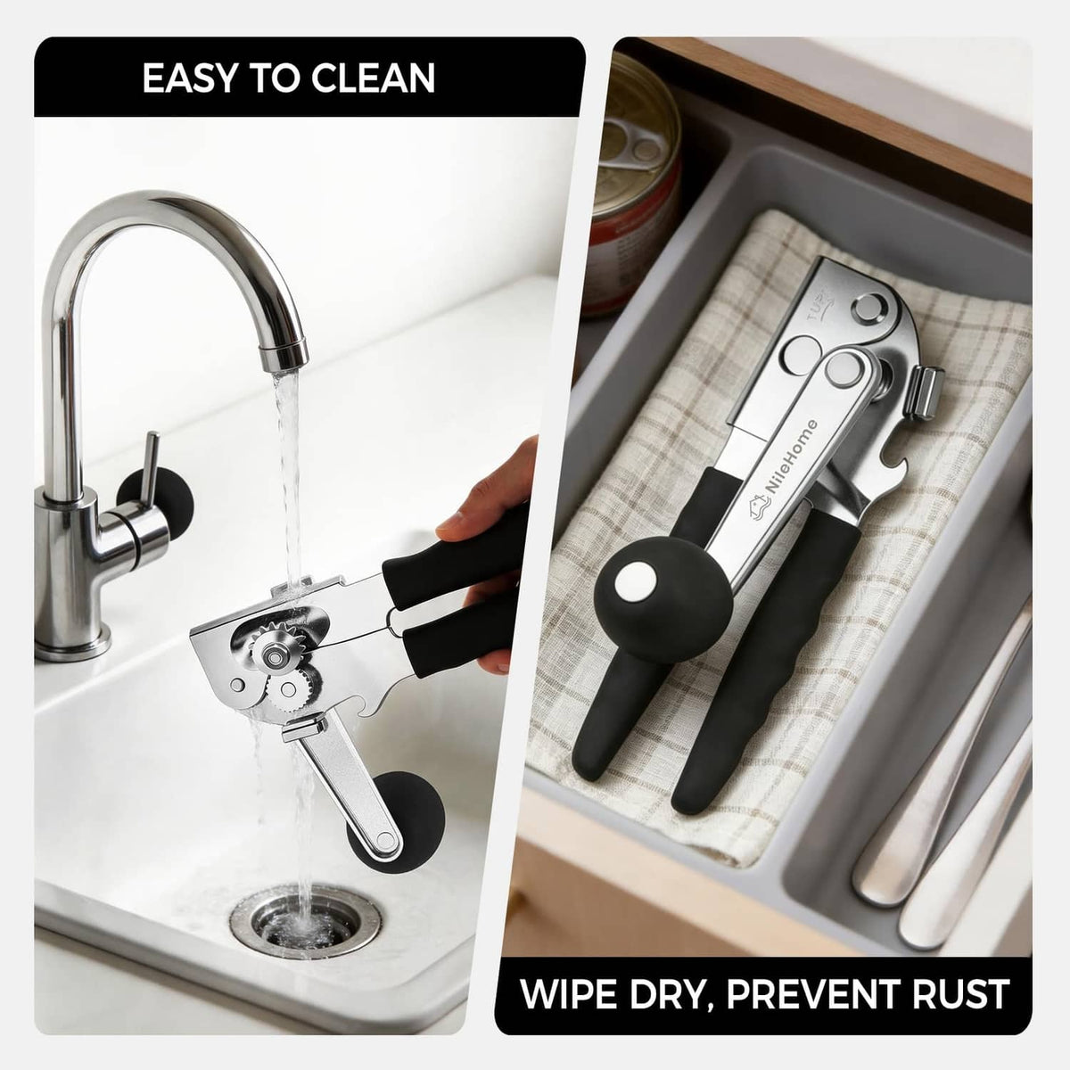 Hand crank can opener with black grips and silver head for easy wiping and cleaning