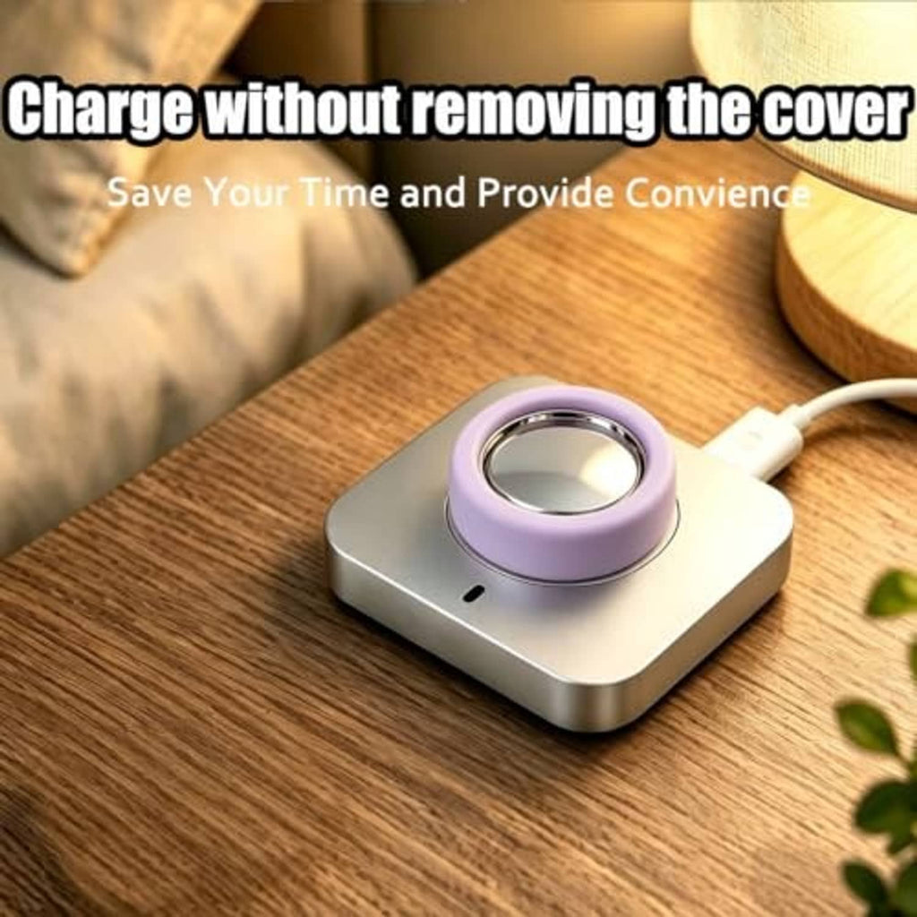 Purple silicone ring cover on charging cradle for Oura Ring 5