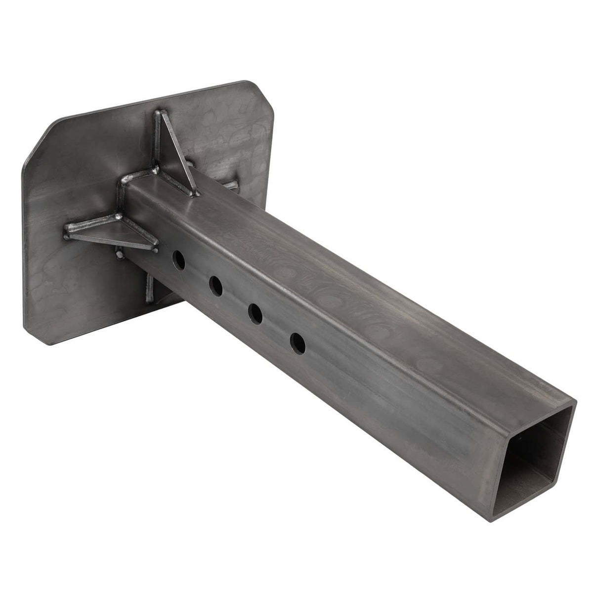 Steel adapter bracket with side gusset, slotted tube beam, and rows of mounting holes