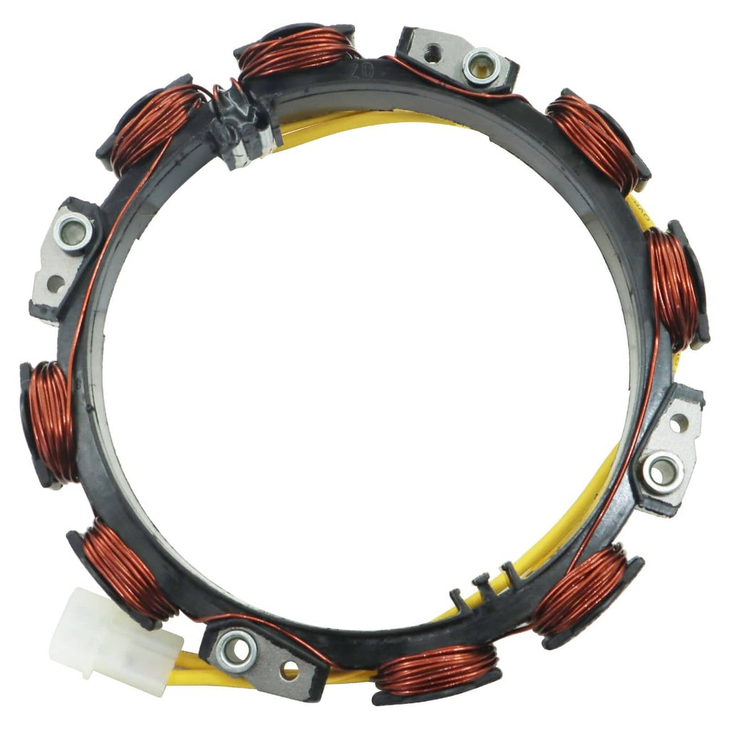 Alternator stator ring with copper windings and yellow wire harness