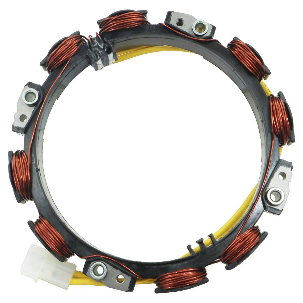 Alternator stator ring with copper windings and yellow wire harness
