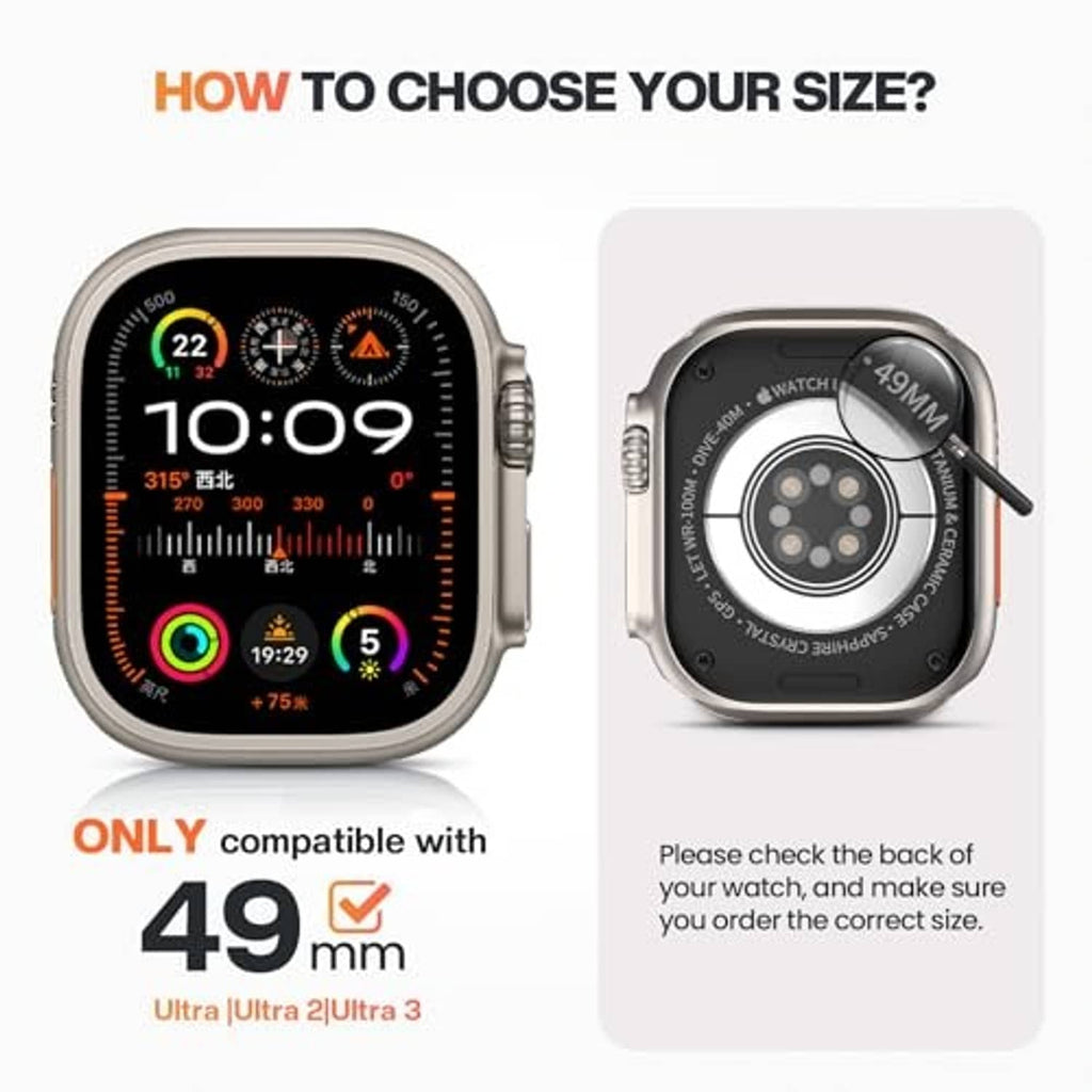 Black 49mm metal watch case with clear screen protector, front and back view