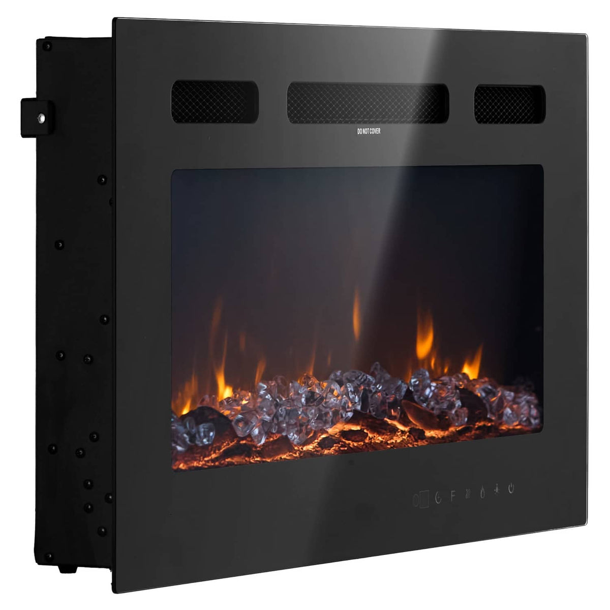 Recessed electric fireplace with black front panel and glowing orange flames over embers