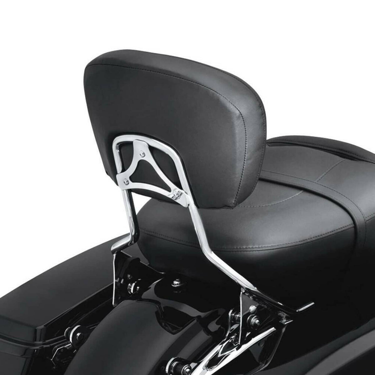 Detachable sissy bar backrest with black leather-look pad on chrome support arms