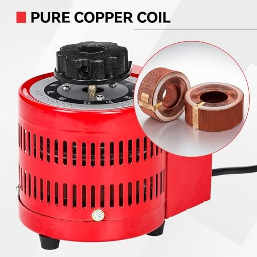 Red voltage transformer with vented housing and copper coil inset showing windings