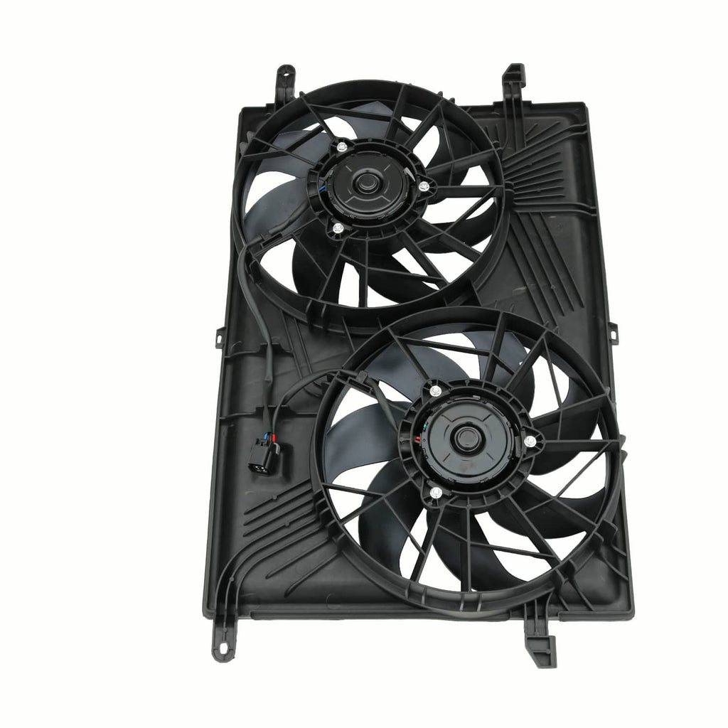 Dual radiator cooling fan assembly with black shroud and two fan motors