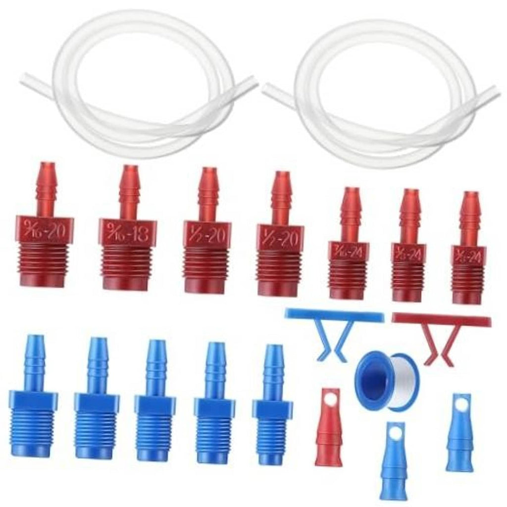 Brake master cylinder bleeder replacement kit with clear hose, blue and red fittings, clips