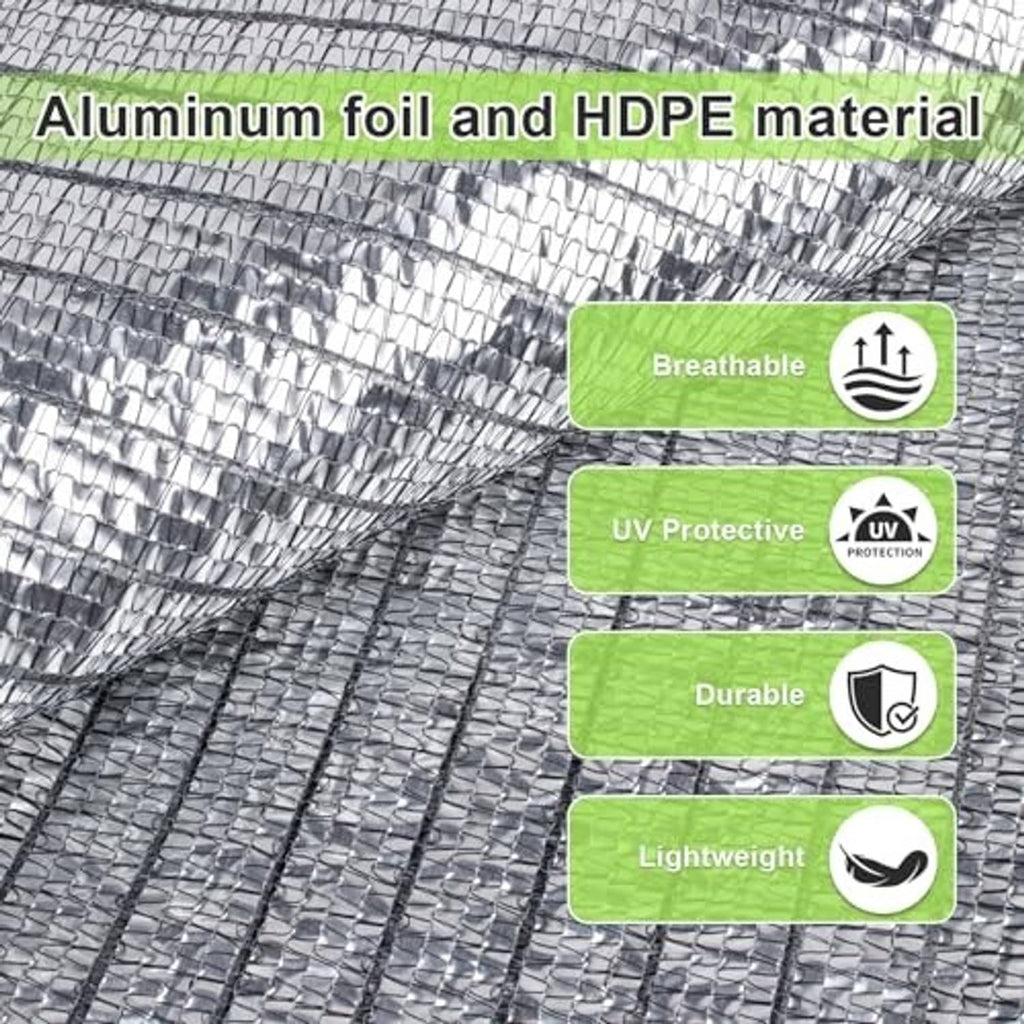 Silver reflective shade cloth tarp texture with crinkled foil surface and black border