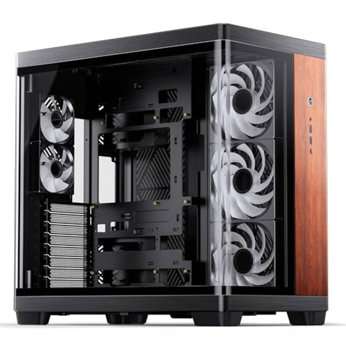 Mid-tower PC case interior view with white fans, black frame, and wood right panel