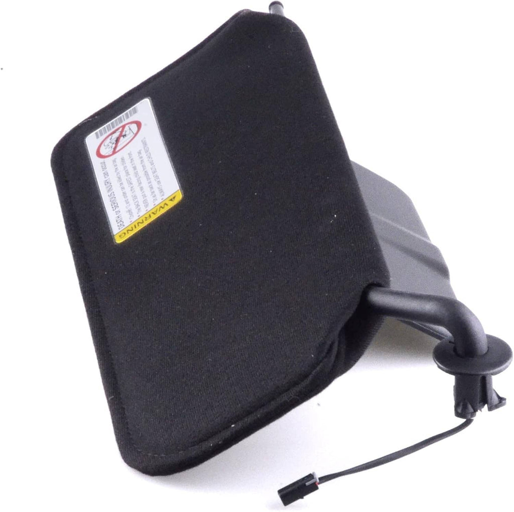 Black sun visor with label on outer face and side support arm