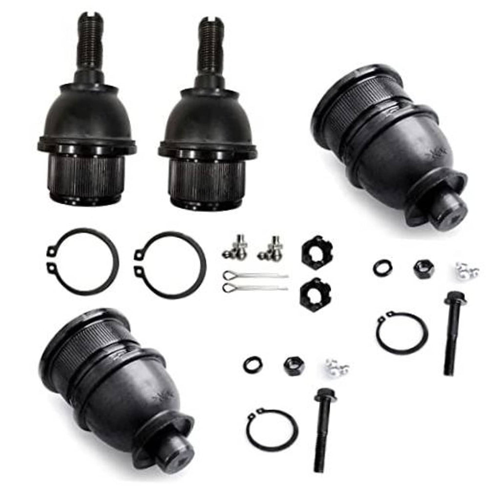 Front ball joint kit set with black rubber boots, threaded studs, and mounting hardware