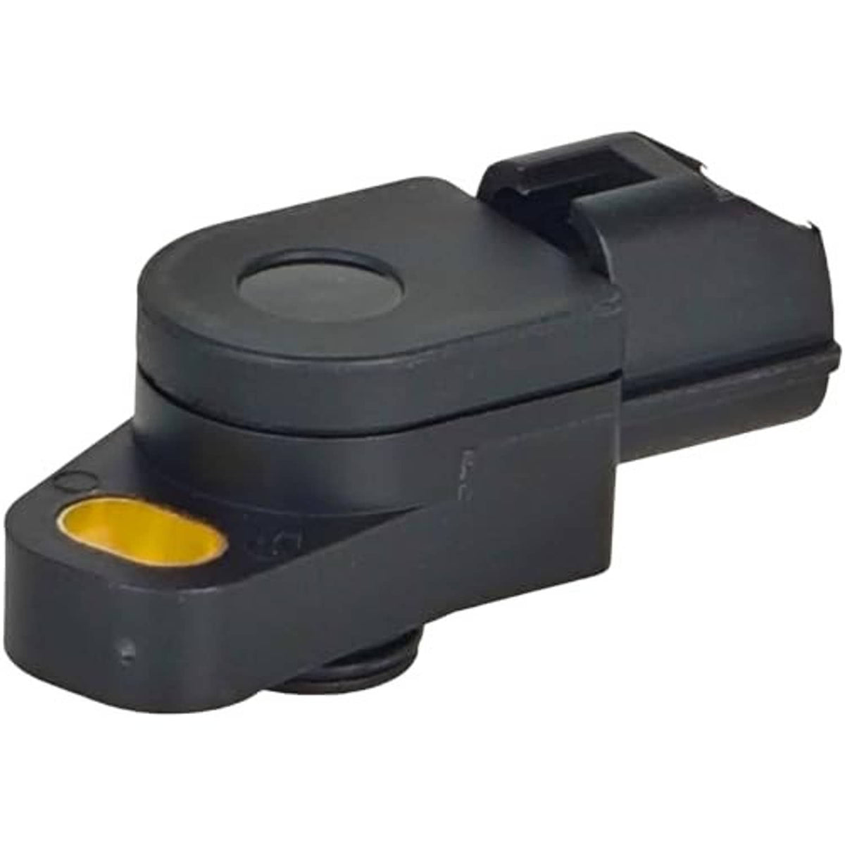Throttle position sensor with black housing and yellow indicator window, angled side view