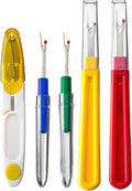 Sewing seam ripper and thread remover kit with yellow, blue, green, and red tools