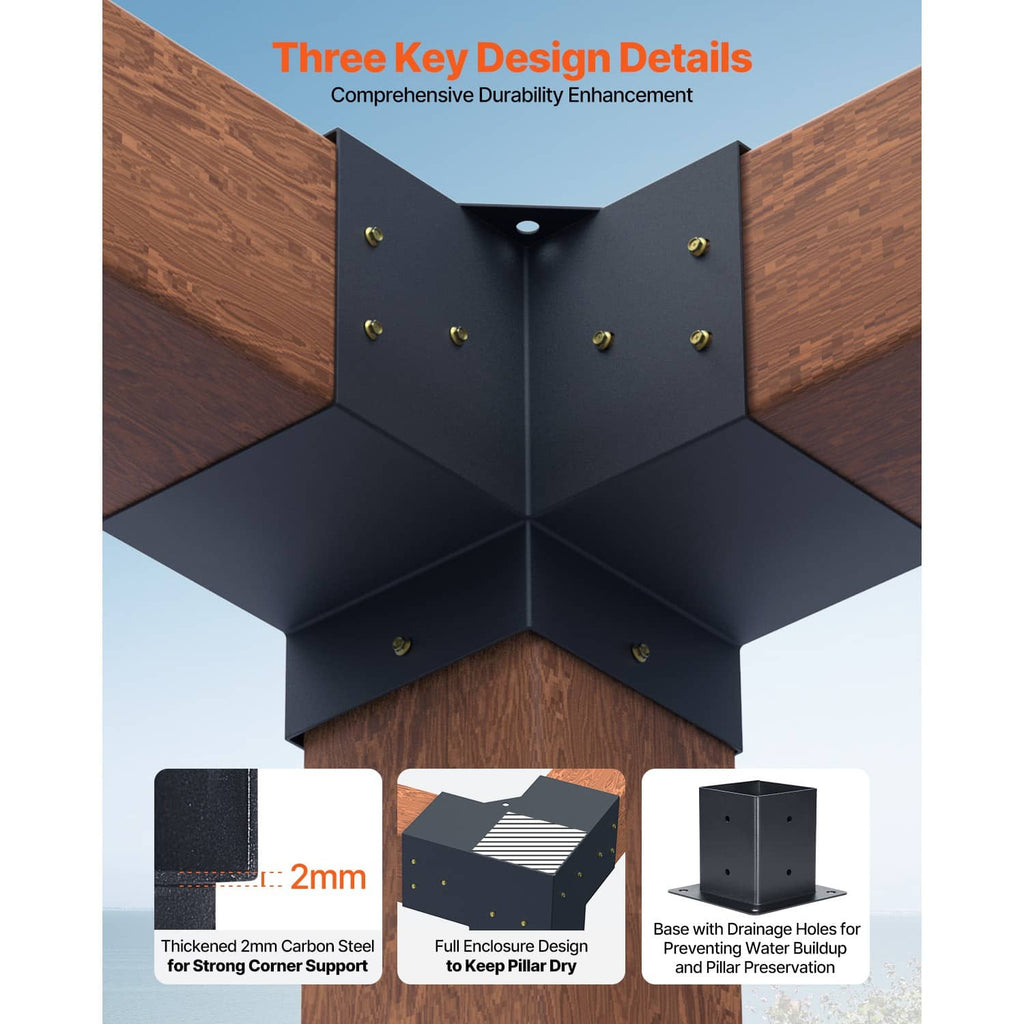 Black steel inner corner 3-way bracket with drilled base plate and 8 mounting holes