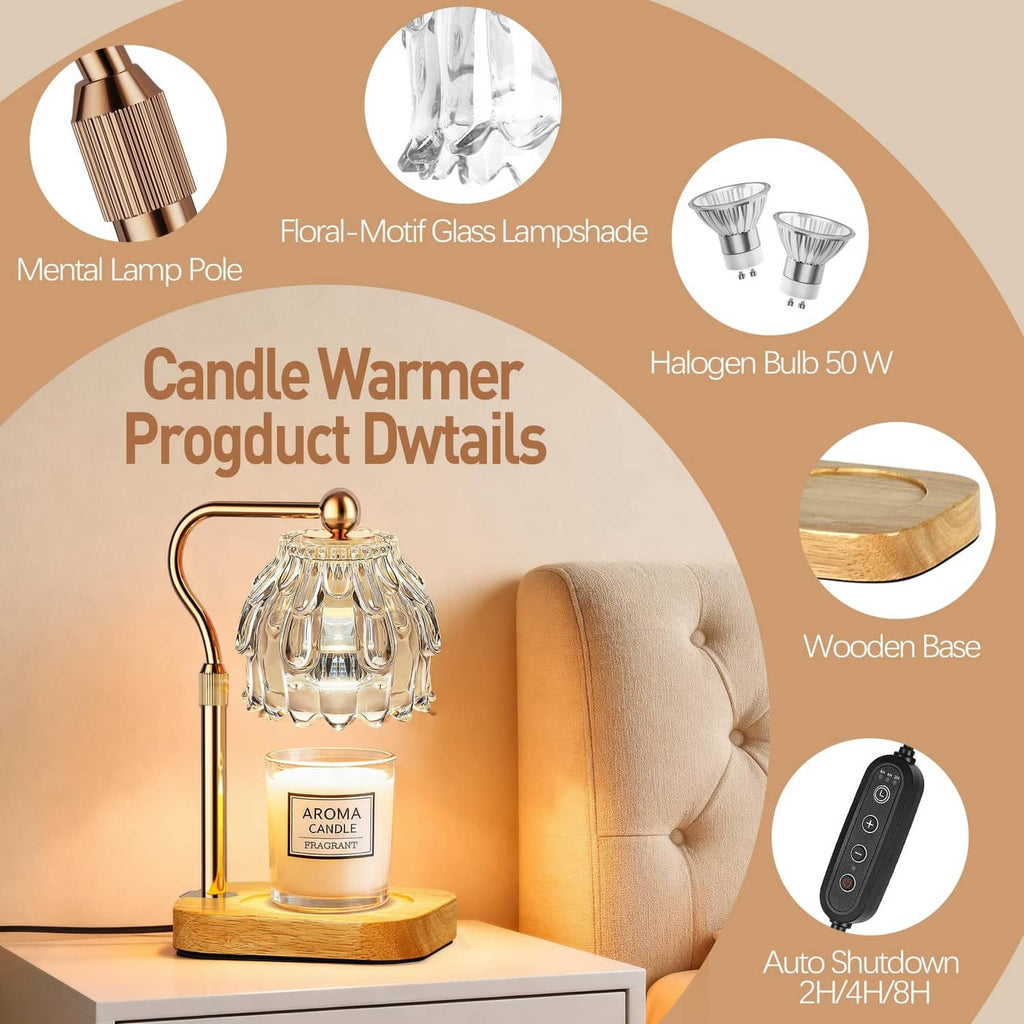Candle warmer lamp product details: transparent ribbed glass shade and wooden base
