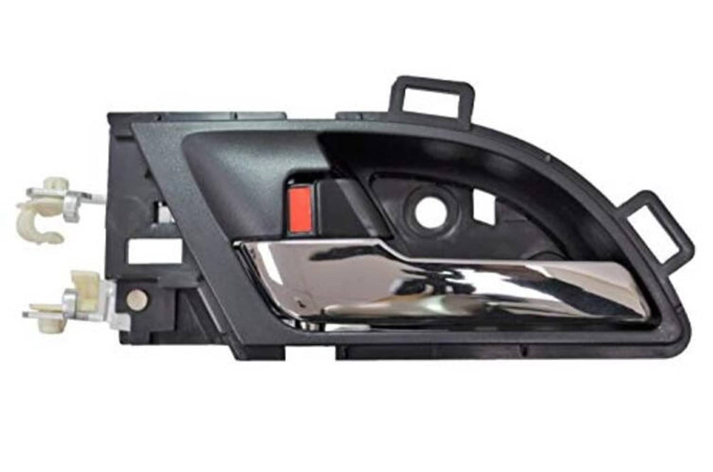 Black interior door handle with chrome lever, round access hole, and orange insert