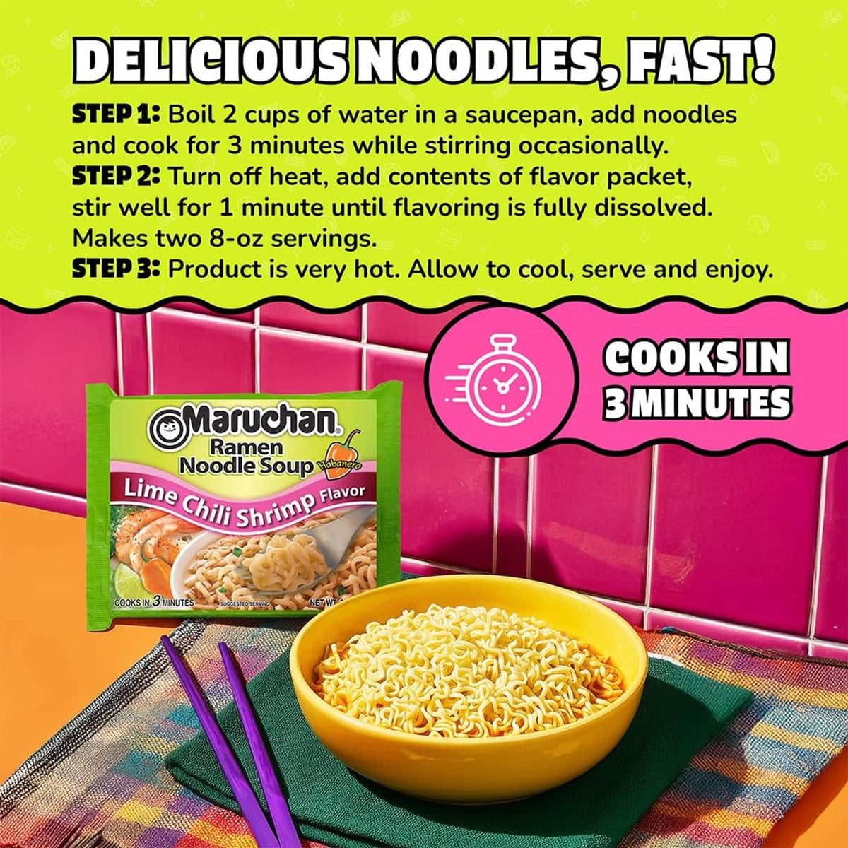 Maruchan lime chili shrimp ramen noodle soup packet with cooked noodle bowl