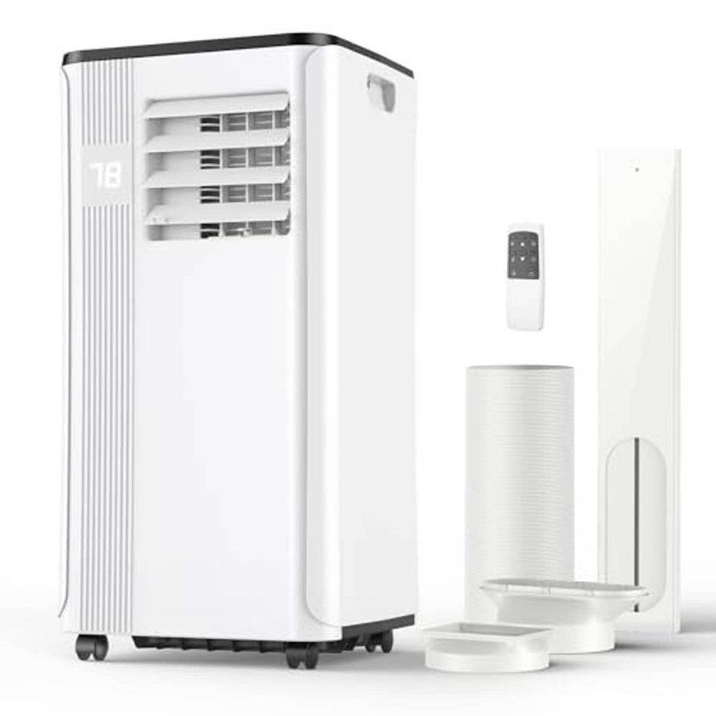 White portable air conditioner with side top vent, caster wheels, and included remote