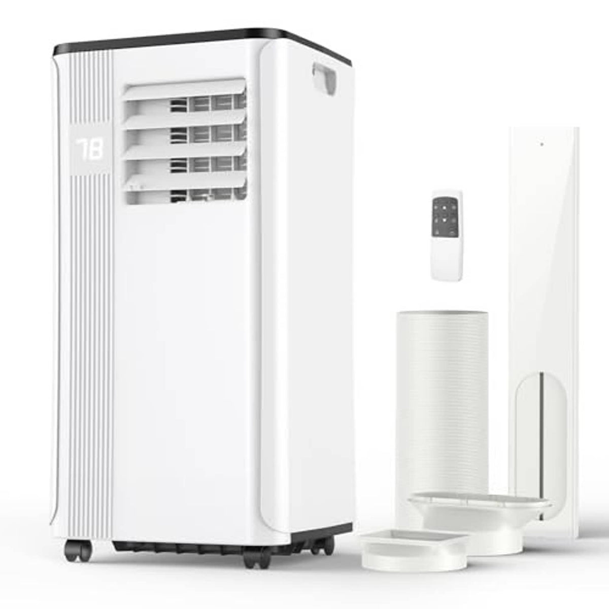 White portable air conditioner with side top vent, caster wheels, and included remote
