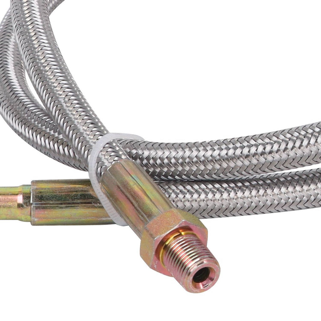 Turbo oil feed line with stainless braided hose and chrome-plated brass threaded fitting