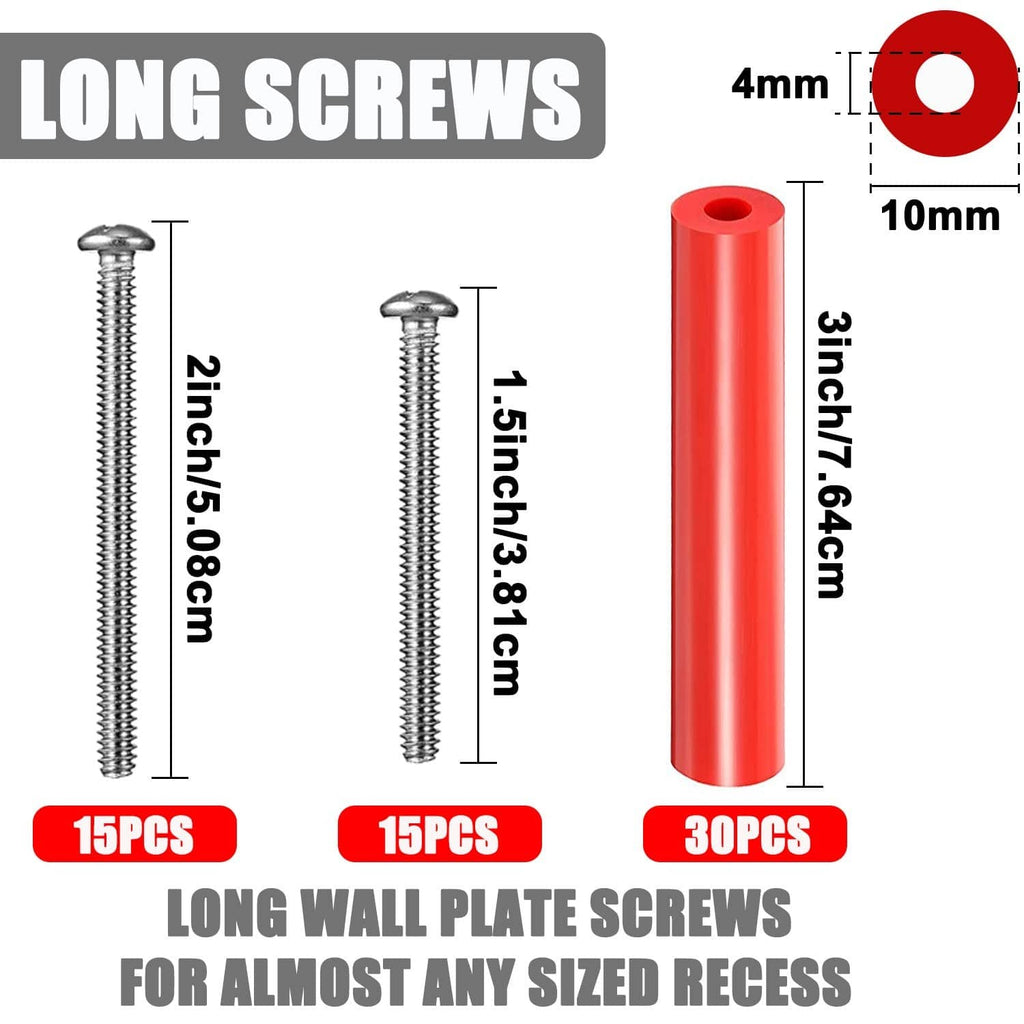 Red electrical outlet extender spacer tube with long wall screws