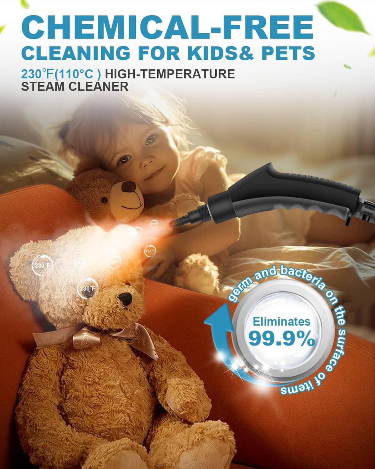 Handheld steam cleaner steaming a teddy bear and blanket, with nozzle and hose.