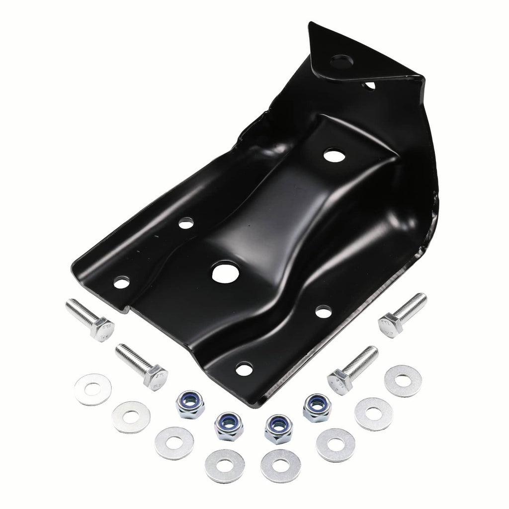 Black steel rear leaf spring hanger shackle bracket, angled view with bolt hole pattern