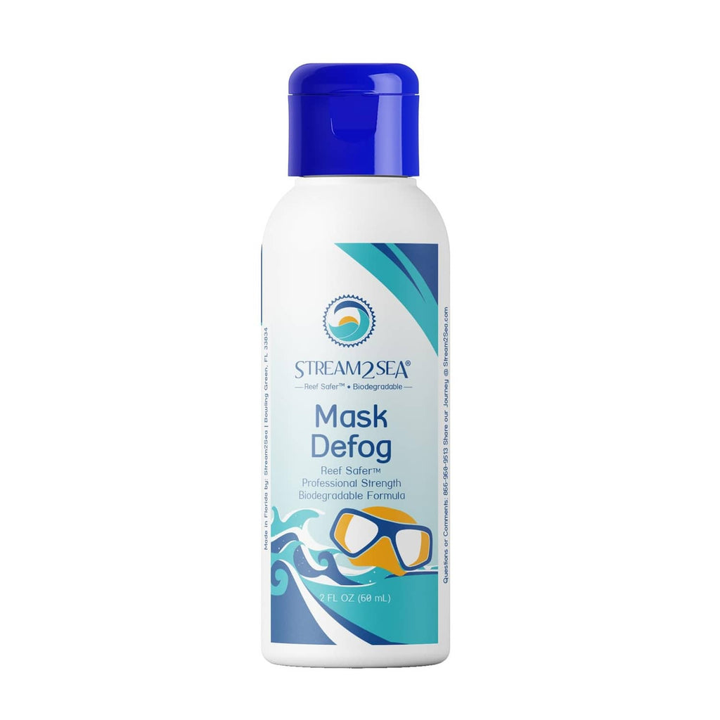 Mask defog spray bottle with blue cap and Stream2Sea label