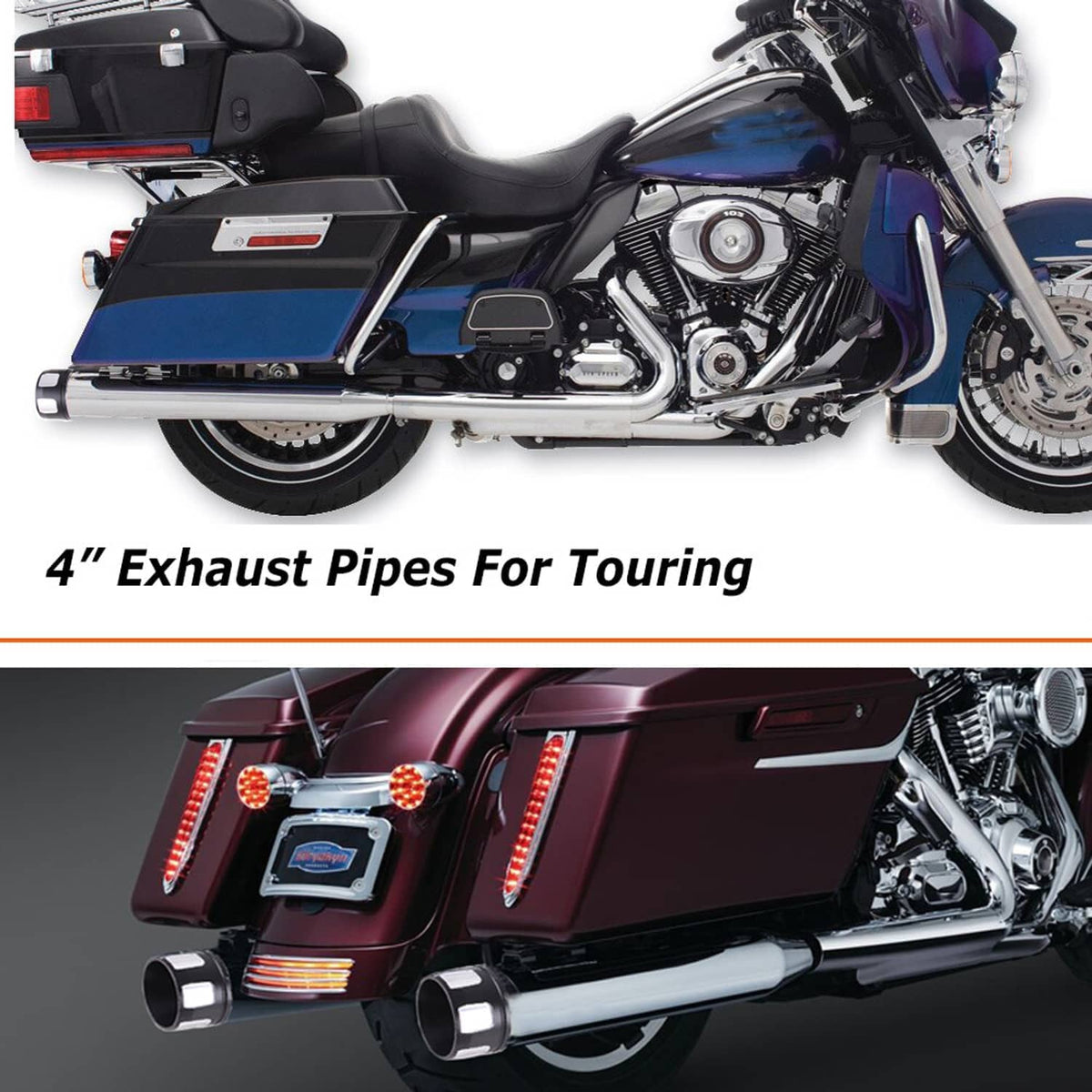 Chrome 4-inch slip-on exhaust pipes with black end caps on touring motorcycle