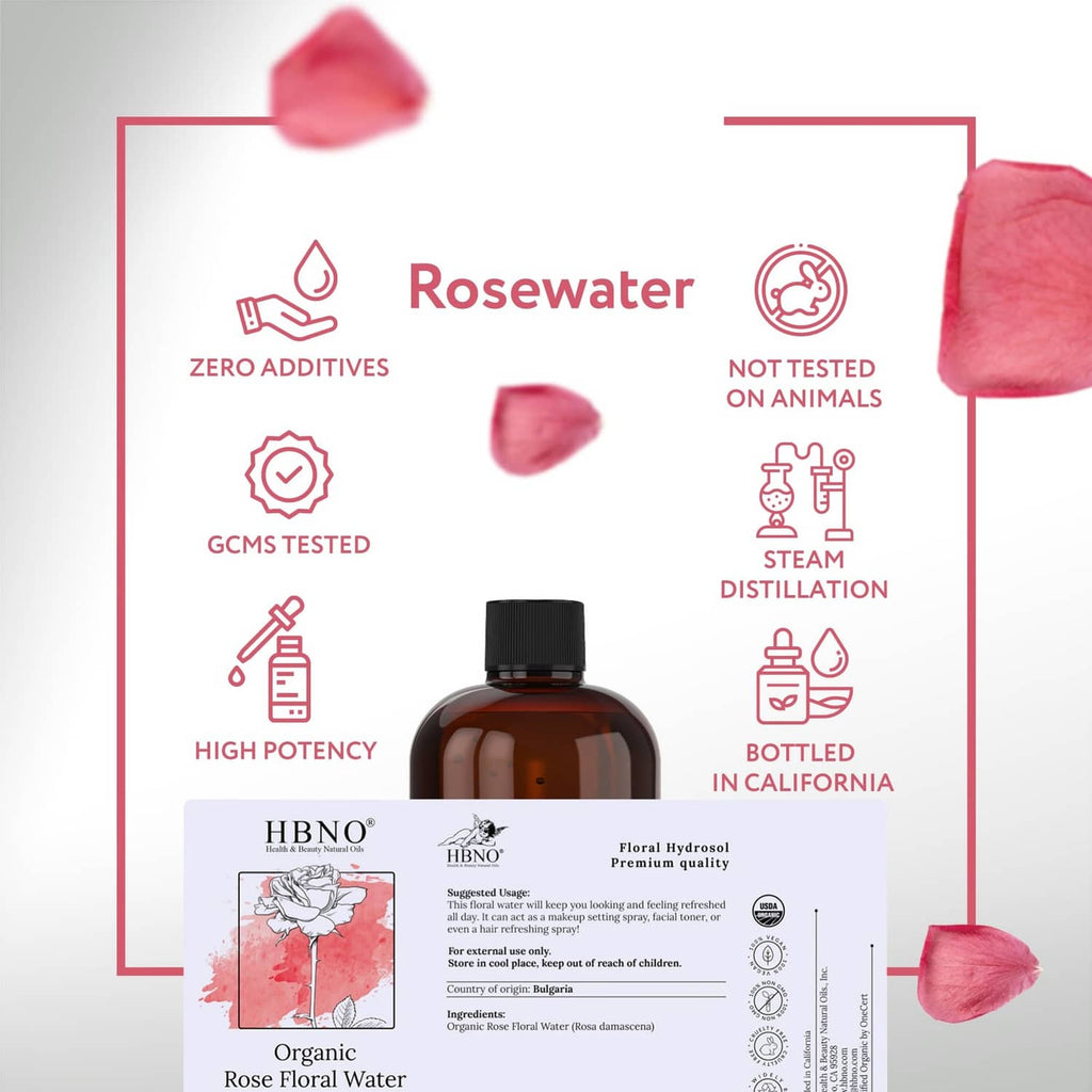 Amber rose water bottle with black cap, rosewater icons on label panel