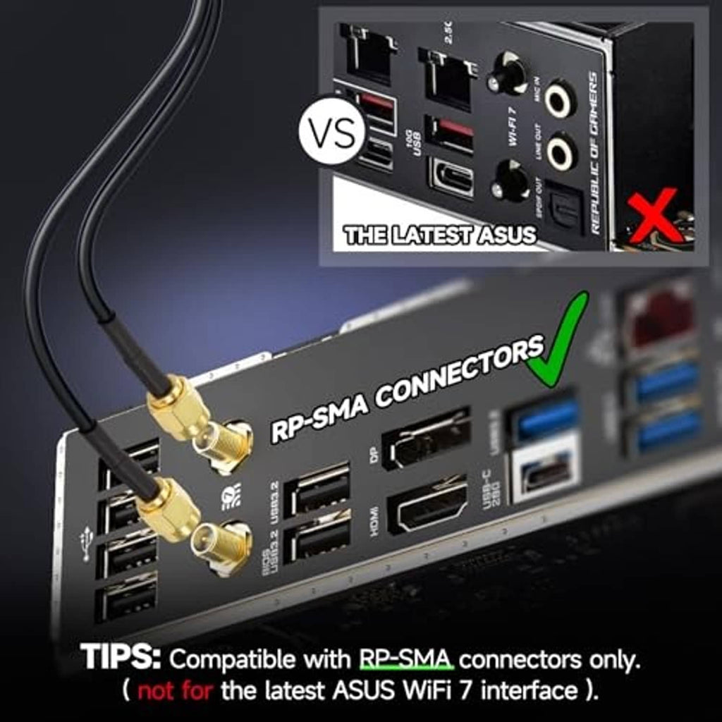 RP-SMA WiFi antenna cable with gold connector, shown next to router-style ports