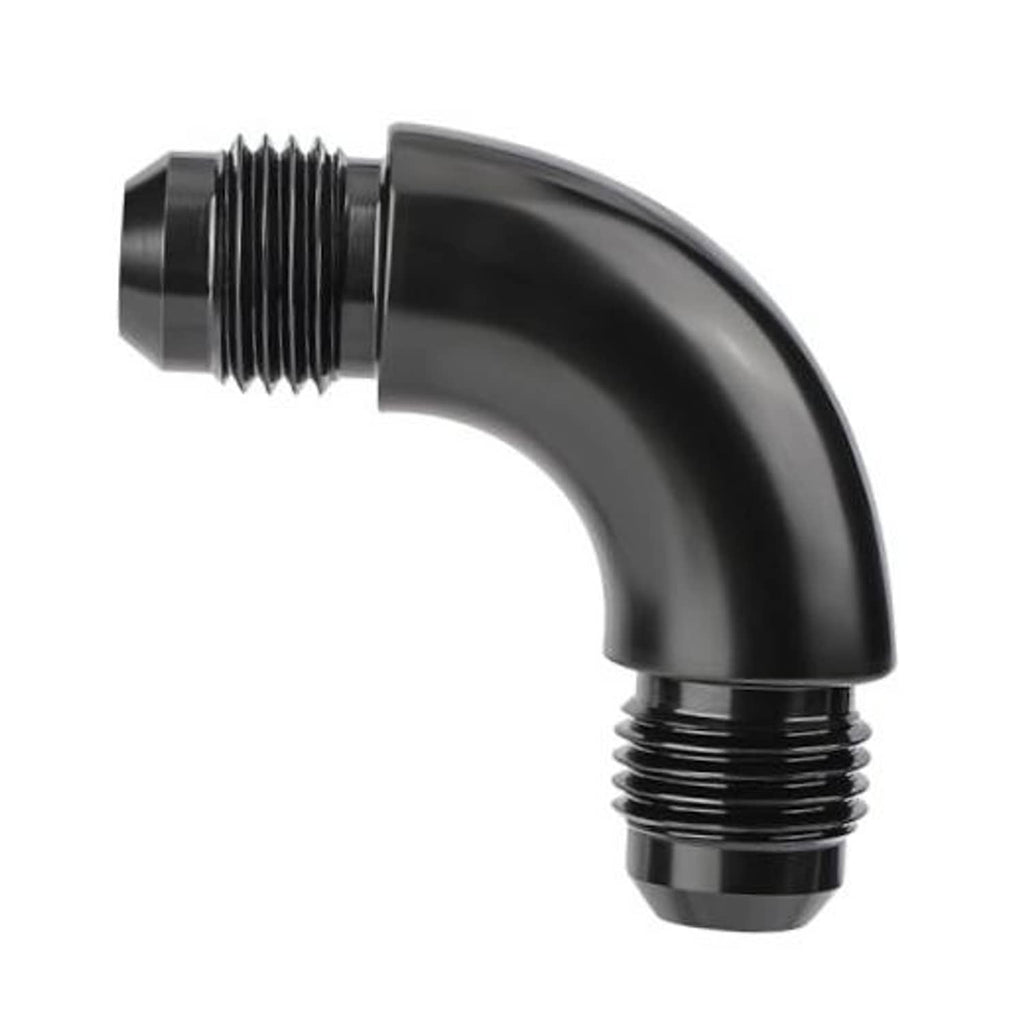 Black 90-degree male AN swivel coupler fitting with threaded ends, 6AN size