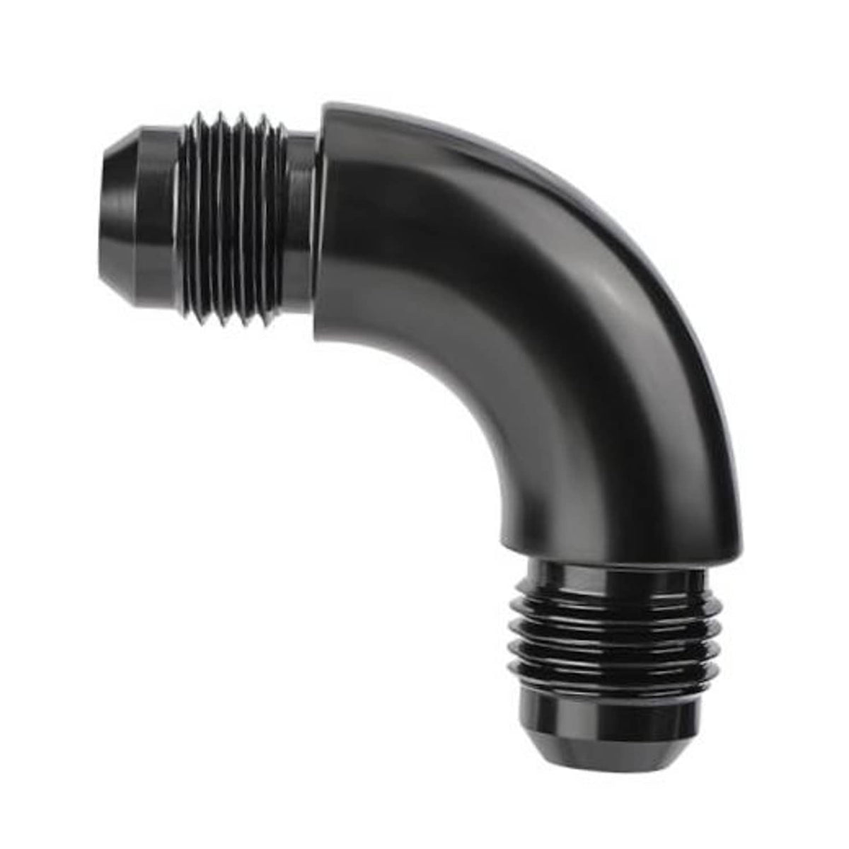 Black 90-degree male AN swivel coupler fitting with threaded ends, 6AN size