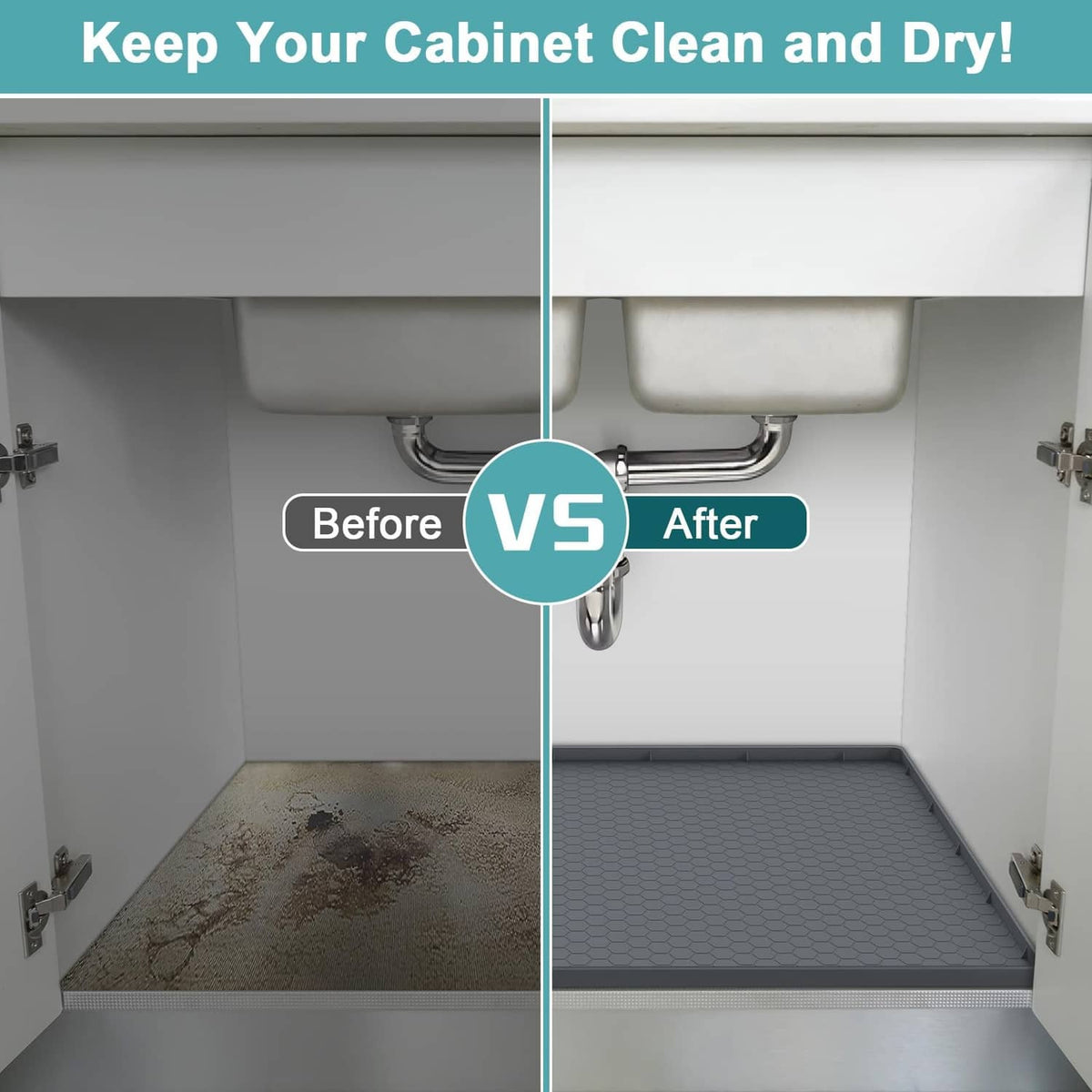 Gray silicone under-sink mat helping keep cabinet floor clean and dry