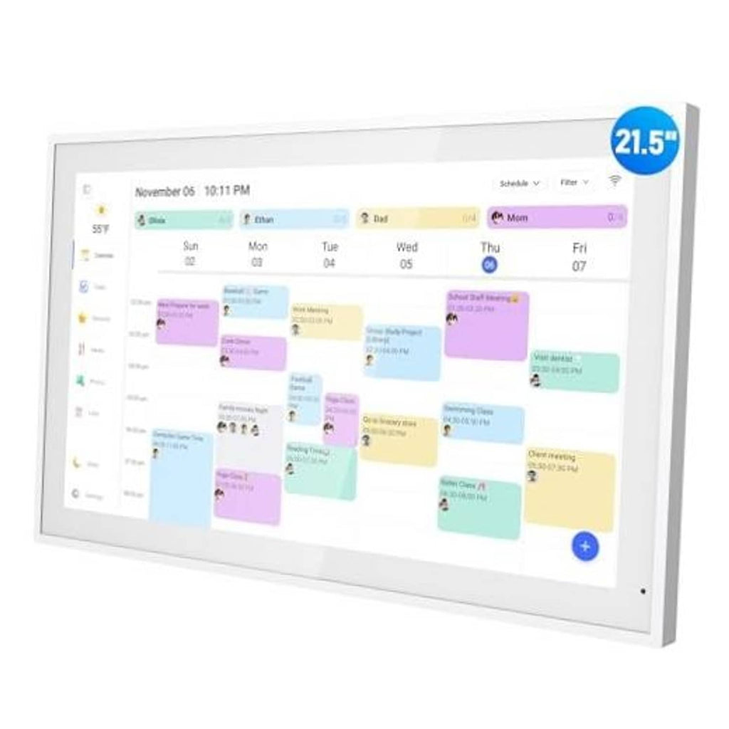 21.5-inch smart digital calendar display with colorful chore/task cards on white frame