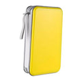 Yellow hard plastic CD/DVD storage case with gray zipper pull and loop handle