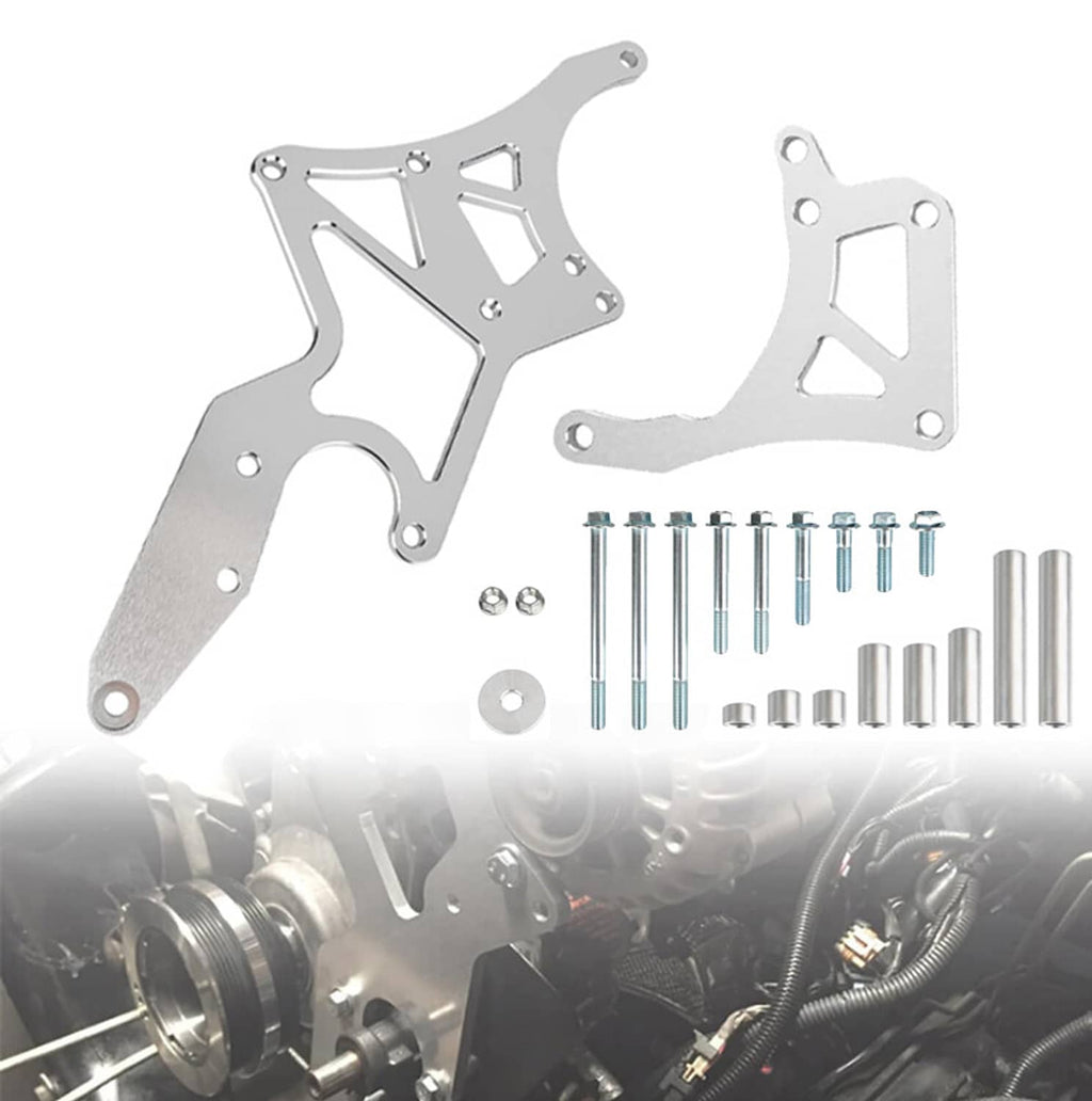 Silver aluminum serpentine alternator and power steering pump bracket kit with bolts