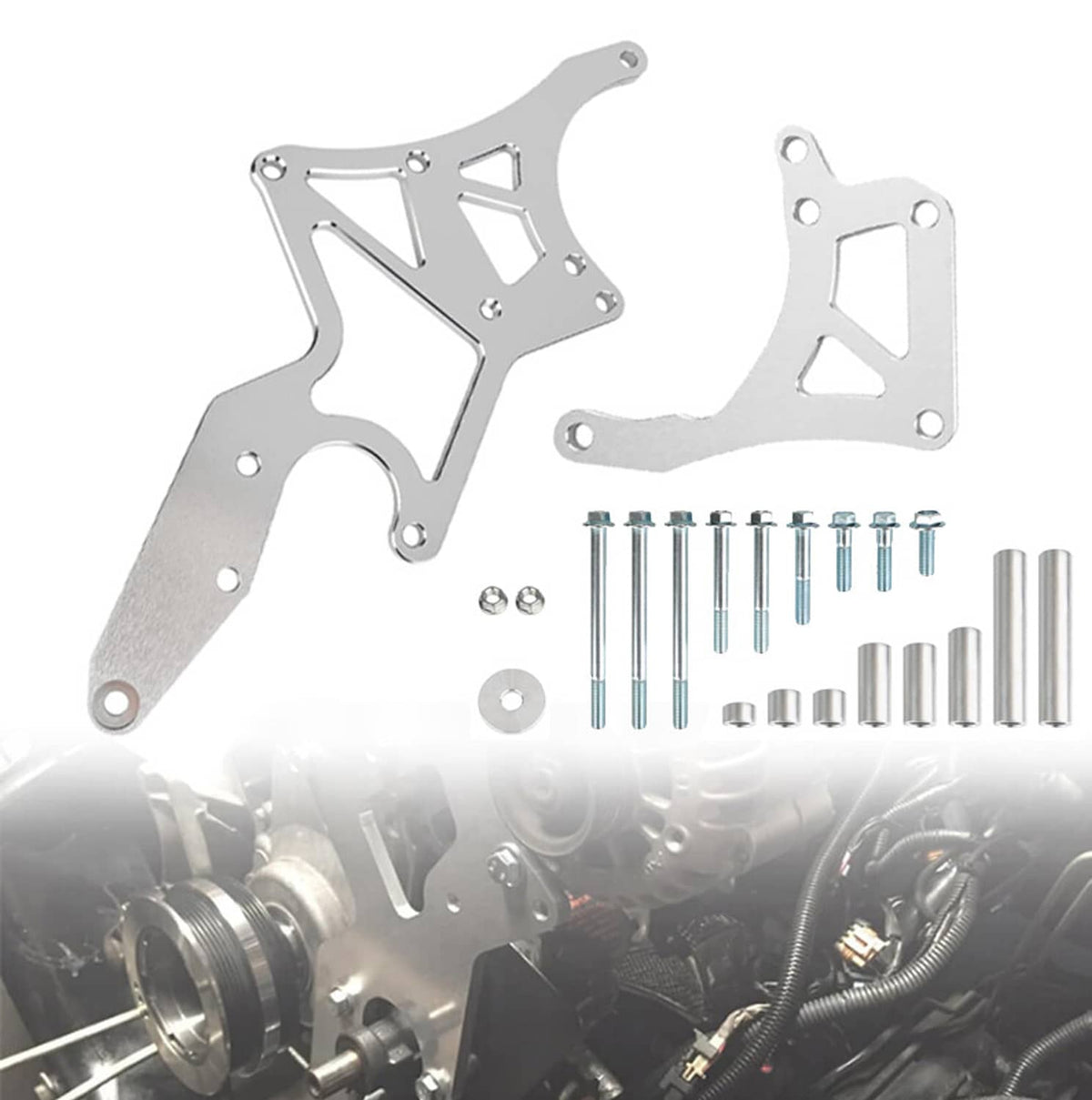 Silver aluminum serpentine alternator and power steering pump bracket kit with bolts