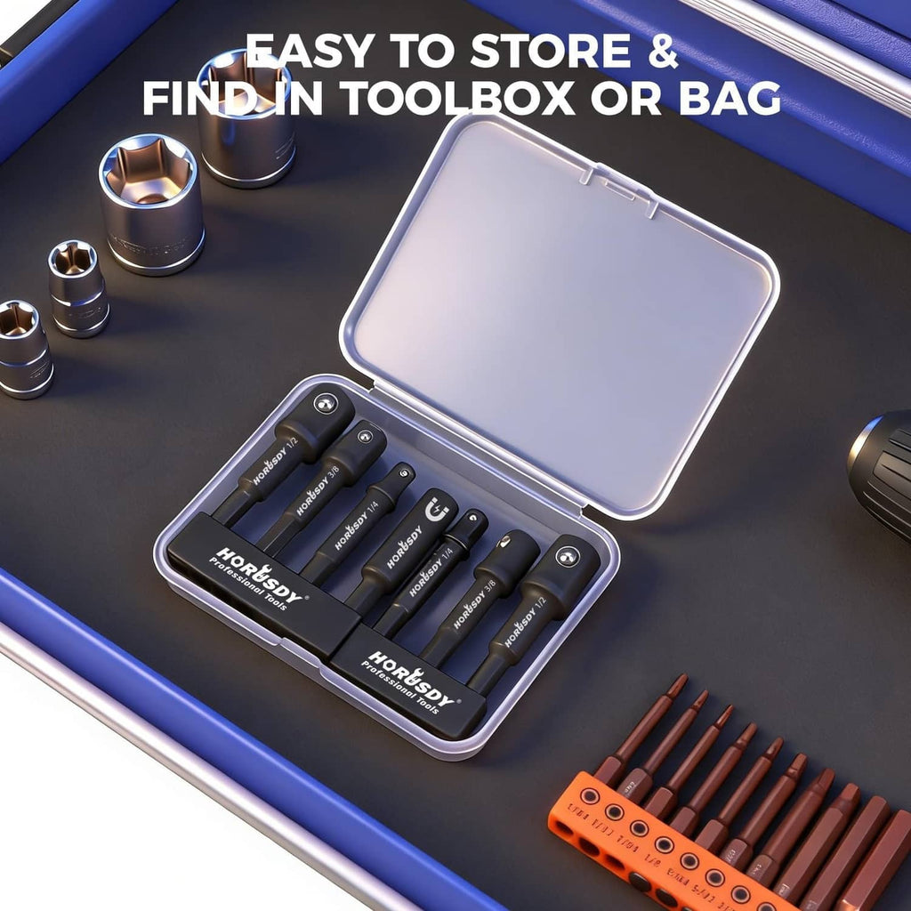 Black impact adapter and magnetic bit holder set stored in a clear plastic case