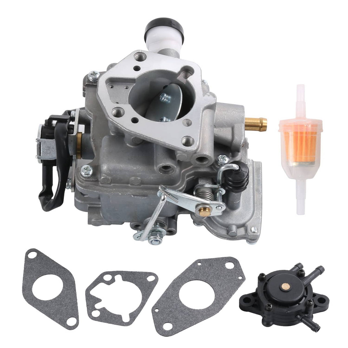Silver-gray carburetor with mounting gaskets and fuel line filter