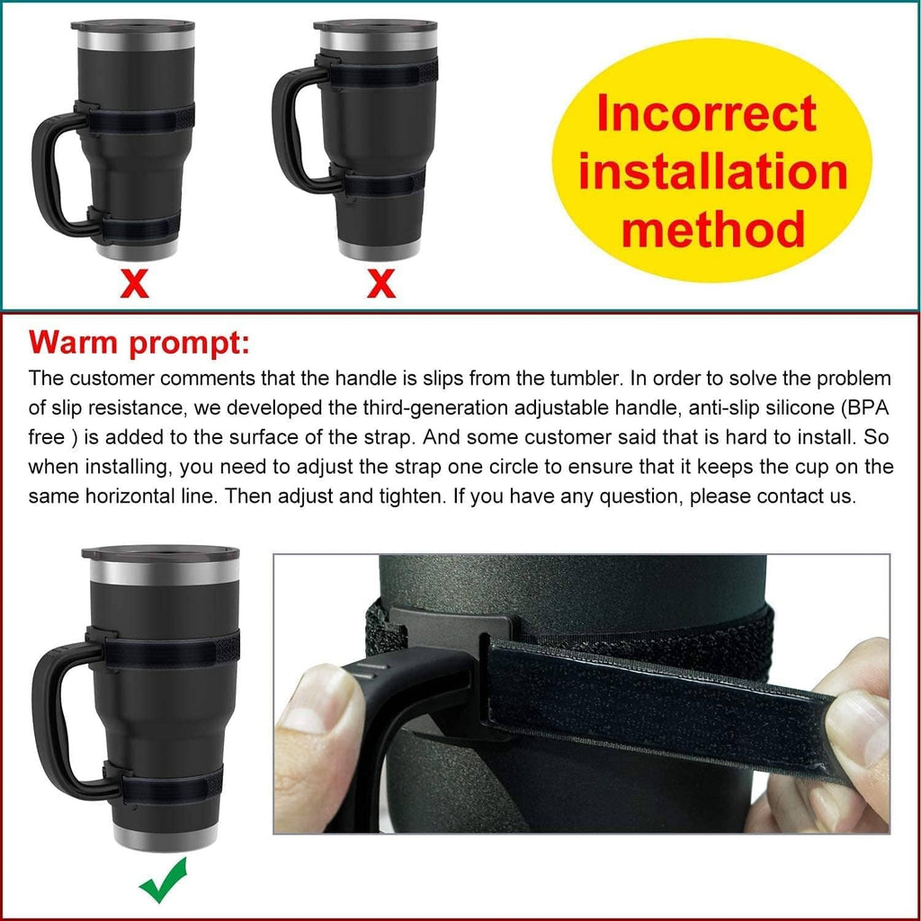 Adjustable strap tumbler handle with molded grip shown with correct vs incorrect setup