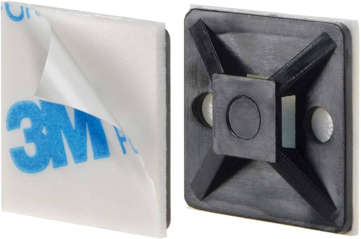Black foam-backed cable zip tie mount clip with 3M adhesive backing