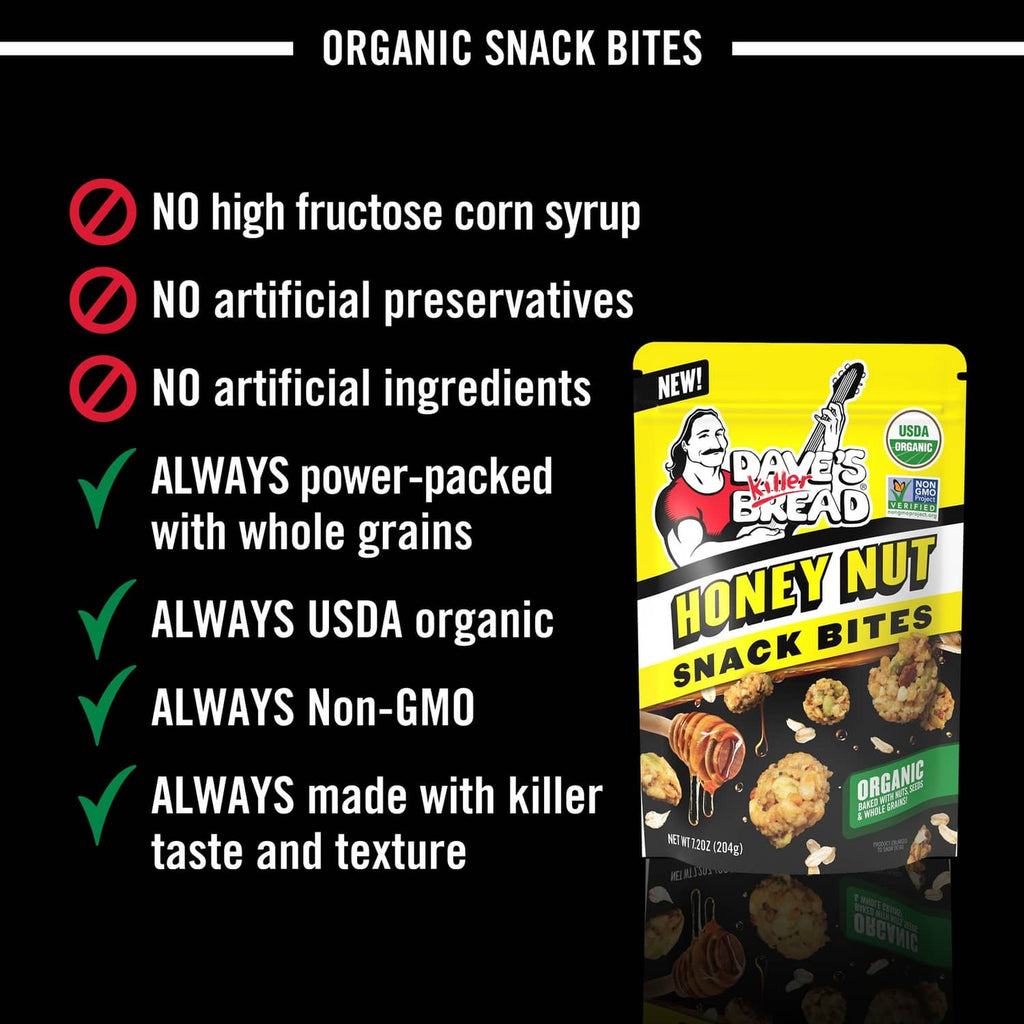 Organic snack bites product label with Honey Nut Snack Bites pouch and benefit checkmarks