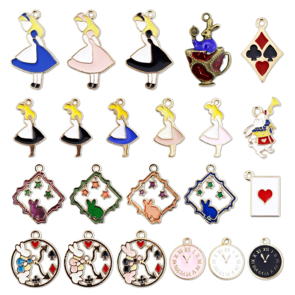 Assorted gold-plated enamel charm pendants with playing cards, clocks, hearts, and rabbits.