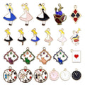 Assorted gold-plated enamel charm pendants with playing cards, clocks, hearts, and rabbits.