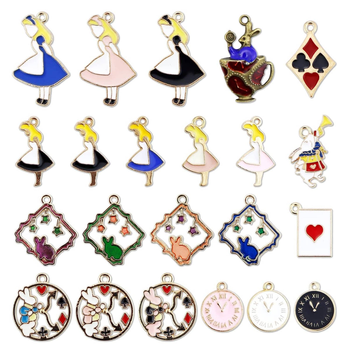 Assorted gold-plated enamel charm pendants with playing cards, clocks, hearts, and rabbits.