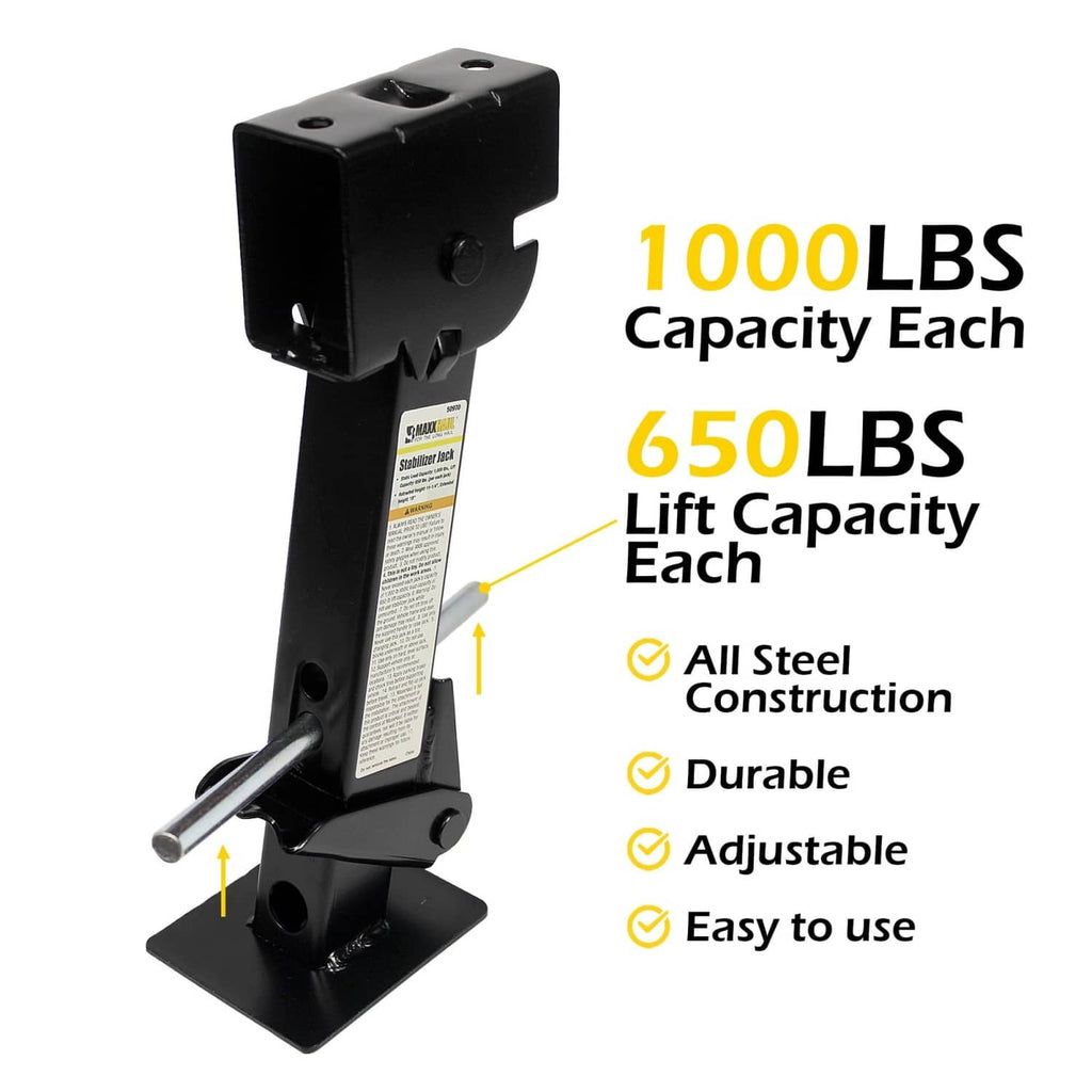 Black swing-down trailer stabilizer jack with base plate, label, and support rod