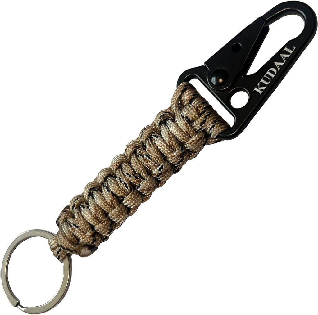 Braided paracord lanyard with black clip and keyring; close-up of tan braided section